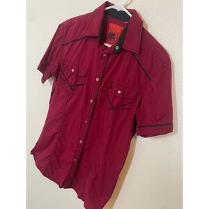 Platini Jeans Cougar Mens Medium Button Down Shirt Red Short Sleeve Pearl Snap